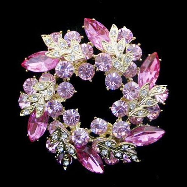 

gold plated unique flower pink crystal wreath brooch jewelry, Gray