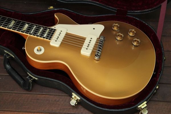 

Custom Shop 1956 Gold Top Goldtop Electric Guitar Special Однажды Piece Tailpiece Dual P90 Pickups Трапеция Белый MOP Fingerboard