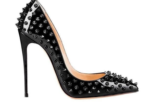 

Новый бренд обувь красный терн женщины насосы туфли на высоком каблуке заклепки острым носом тонкой пятки леди свадебные туфли дно для красной моды партии логотип коробка