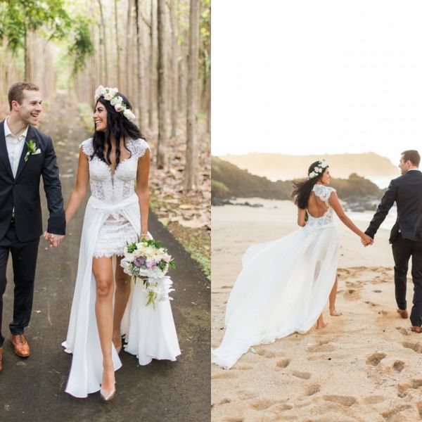 

beach wedding dresses lace appliques illustion capped open back short wedding dress long chiffon skirt sheath bridal gowns, White