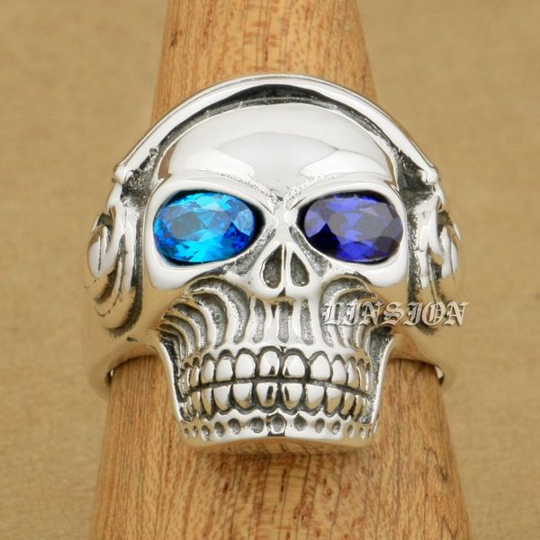 

linsion blue + purple cz eyes 925 sterling silver dj skull studio music headphone mens boys biker rock punk ring 8y511 us size 7 to 15, Golden;silver