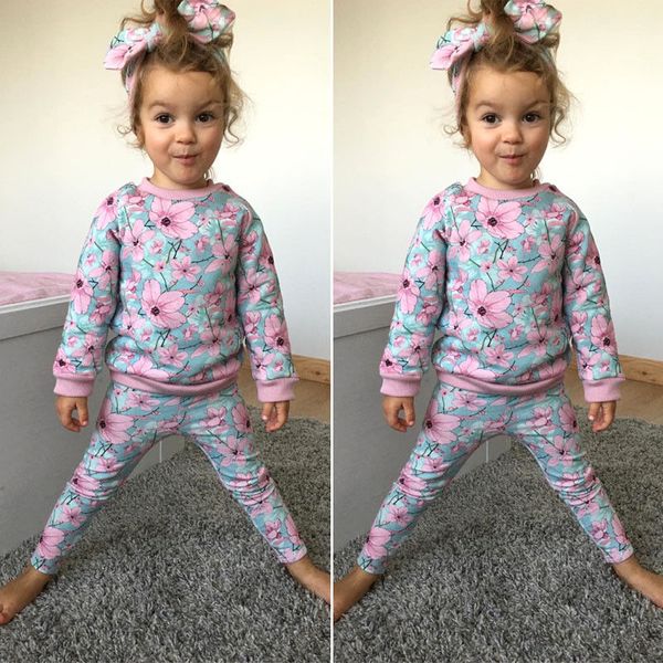 

2017 new autumn baby girls 3 pcs sets fashion flowers printing long sleeves flower pants +headband boutique kids clothes, White