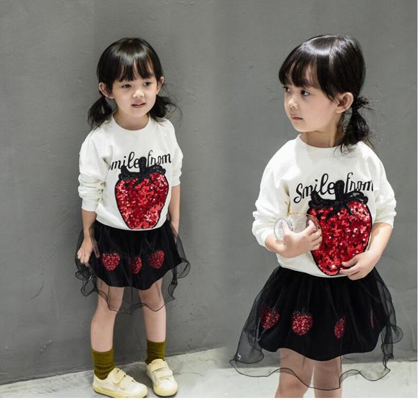 

2017 girls spring long sleeve strawberry t-shirt dress sets korean style girls fashions kids dresses baby kids clothes girl clothing hm 029, White