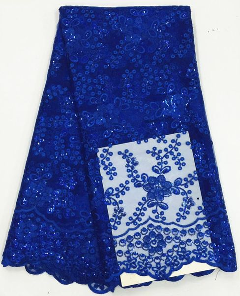 5 jardas / PC Top Venda Royal Blue Pequeno Lantejoulas Flor Design Africano Malha Renda Francesa Lace Tecido para Roupas De Partido BN48-6