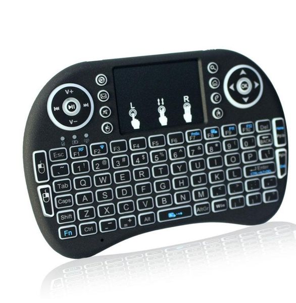 Cor branca backlight bateria de lítio i8 Flying Air Mouse 2.4G teclado sem fio controladores remotos touchpad para PC Notebook Android TV Box