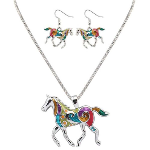 

animal jewelry sets for women hanging jewelry rainbow horse with oil painting pattern pendant necklace and drop earrings jewelry sets, Silver
