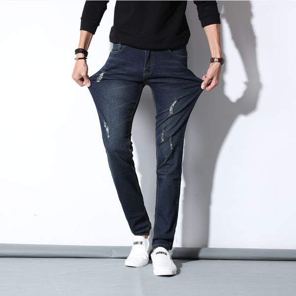 

wholesale-2016 four seasons new teen slim stretch pants feet pencil denim trousers influx of men(asian size, Blue