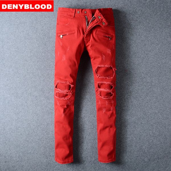 

wholesale- plus size 28-40 mens slim straight red denim jeans pleated distressed jeans ripped patchwork cargo pants 1028, Blue