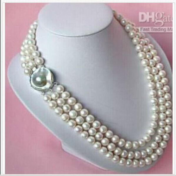 

elegant triple strands 9mm australian south sea white pearl necklace 925s, Silver