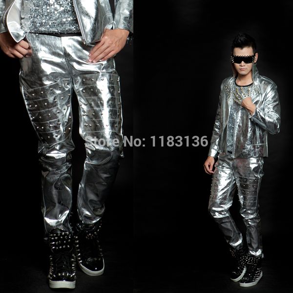 Мода learther брюки normic серебряные заклепки брюки костюм человек костюмы певец танцор производительность этап одежда шоу партии ночной клуб