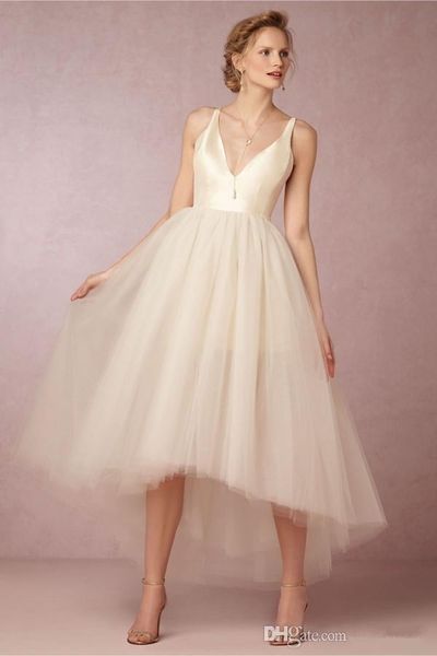 

short champagne tulle wedding dresses summer style simple spaghetti strap backless high low princess bridal gowns vestido de noiva 2019 w870, White