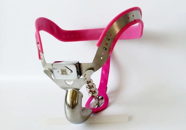 Modello maschile-T Plus Cintura di castità rosa regolabile in acciaio inossidabile Dispositivo completamente chiuso Gabbia per cazzi con avvolgimento con foro per urinare BDSM + Spina Giocattolo del sesso