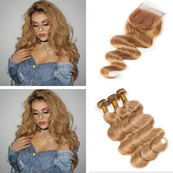 27 Honey Blonde Free Middle 3 Way Part 4x4 Lace Closure With