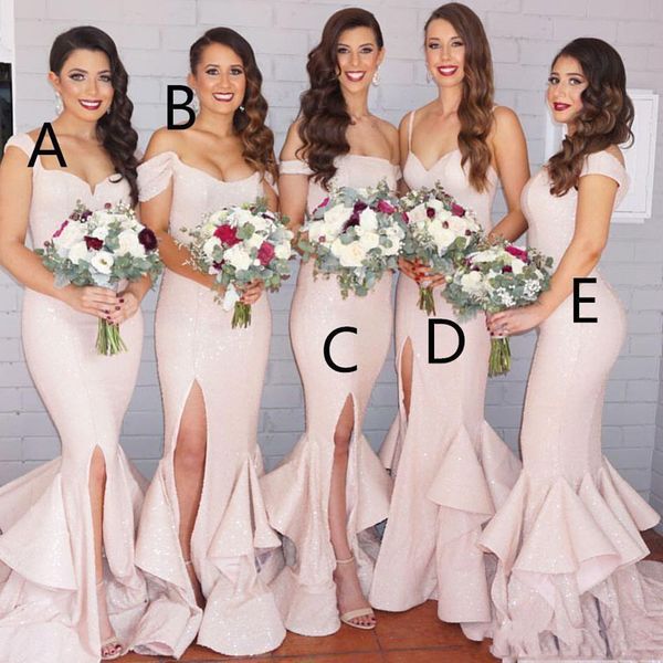 

different styles gorgeous sequined mermaid 2017 bridesmaid dresses long wedding guest dress sweep train luxury evening gowns for bridesmaids, White;pink