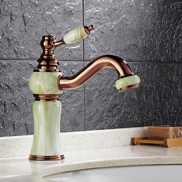 

european style bathroom sink faucets with jade painting/ rose golden rotatable single handle bathroom sink faucet hs329