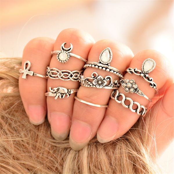 

idealway 10pcs/set fashion vintage rhinestone hollow out knuckle nail midi ring set jewelry, Golden;silver