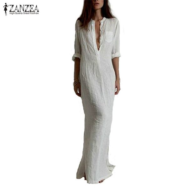 

wholesale- zanzea fashion vestidos 2016 autumn women casual dress long sleeve deep v neck linen split solid long maxi dress plus size, White;black
