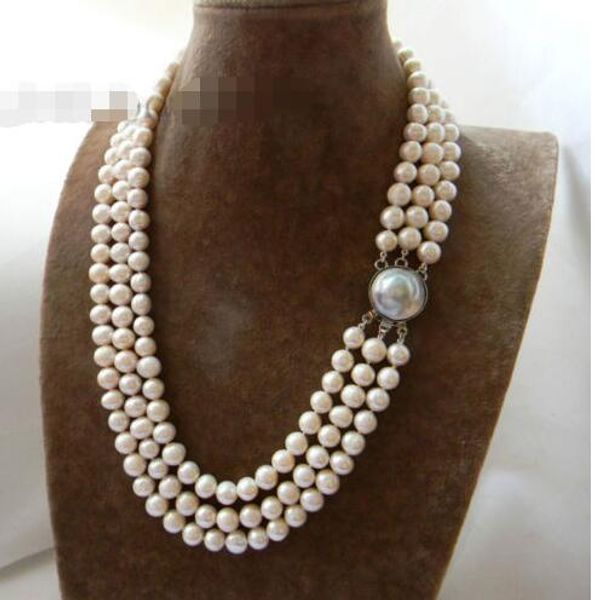 

3strands 21'' 9mm white round freshwater pearl mabe clasp necklace, Silver