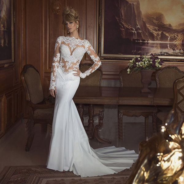 

Gorgeous Sheer Crew Bridal Dress Long Sleeve Mermaid Wedding Dresses 2019 Fashion Lace Applique Backless Bridal Gowns Vestidos De Novia
