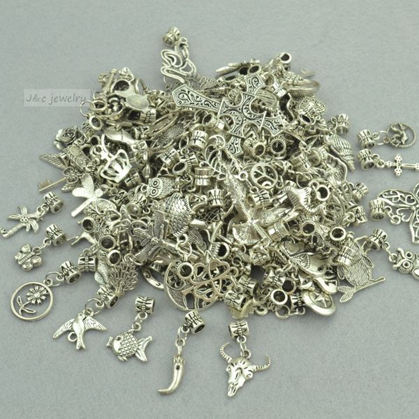 

wholesale- new 50pcs mixed wholesale metal charms tibetan silver big hole bead charm pendants fits european bracelets jewelry making 3121, Bronze;silver
