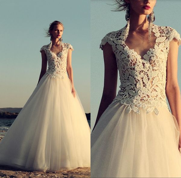 

2017 elegant robe de marriage tulle long wedding dresses a line cap sleeves lace appliuques illusion bodice bridal gowns, White