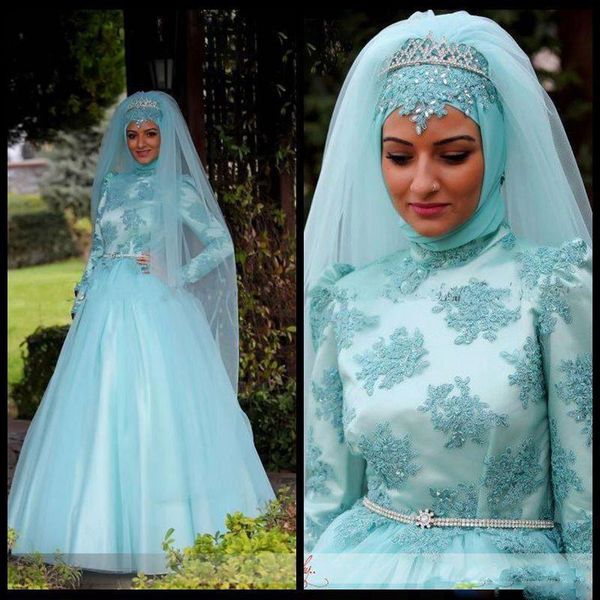 

princess muslim 2017 lace wedding dresses applique a line high neck vintage saudi arabia beach wedding dresses bridal gowns custom, White