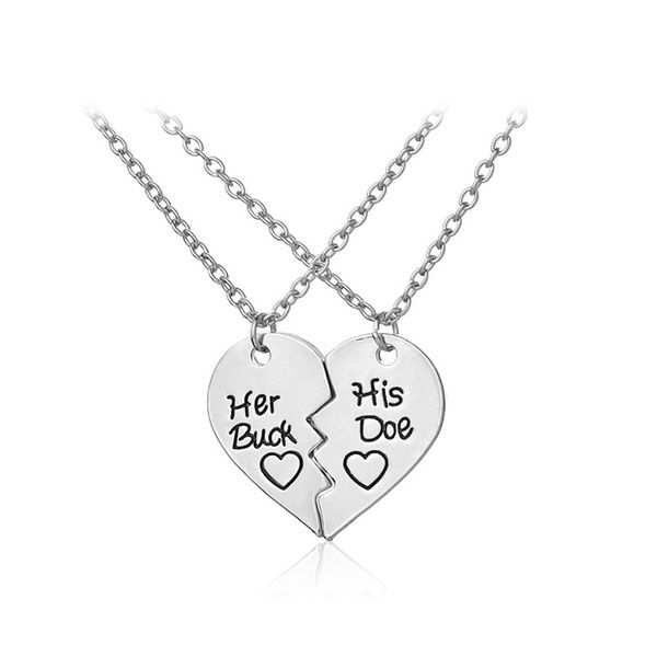 

wholesale 2pcs deer hunting her buck his doe necklaces kissing heart minimalist heart shape pendant special couples gift lovers jewelry, Silver