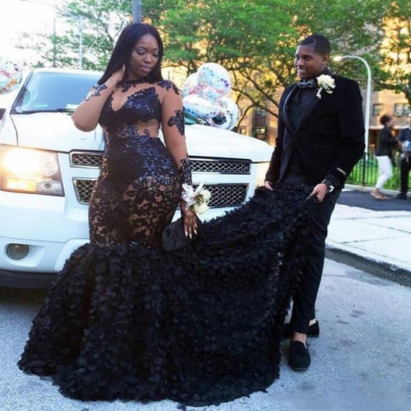 

african plus size prom dresses long appliques sheer neckline mermaid evening gowns sleeves tiered black girls formal dresses evening wear