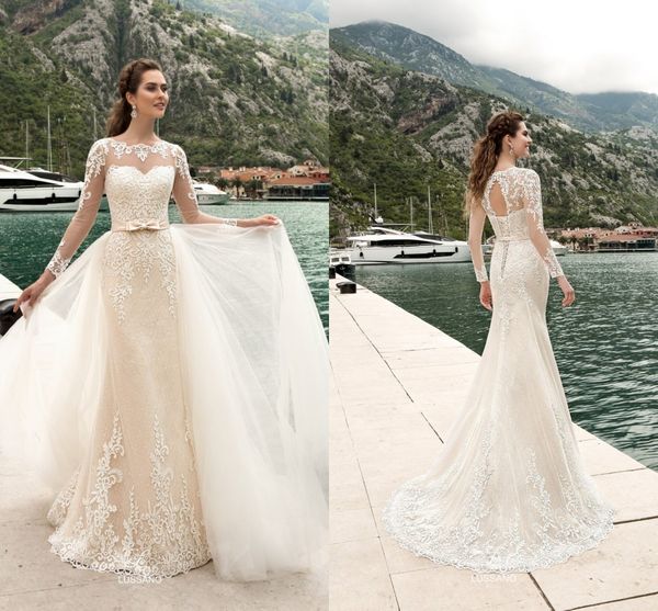 

robe de mariage new design long mermaid wedding dresses 2017 o-neck long sleeves appliques lace bride dresses detachable overskirt, White