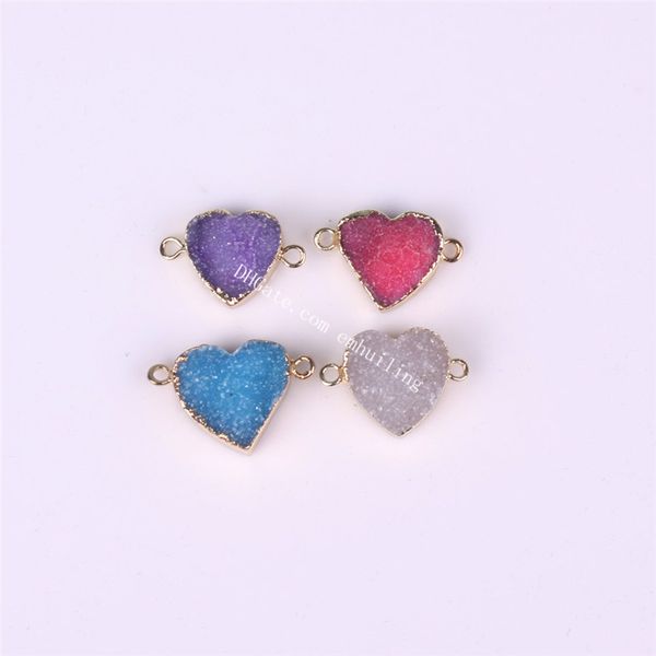 10 pz Commercio all'ingrosso 4 colori naturali blu naturale Druzy Agata Gems a forma di cuore Pendenti Doppia BAIL LINK RAW Drusy Plated Plated Plated Gold Connector Charms