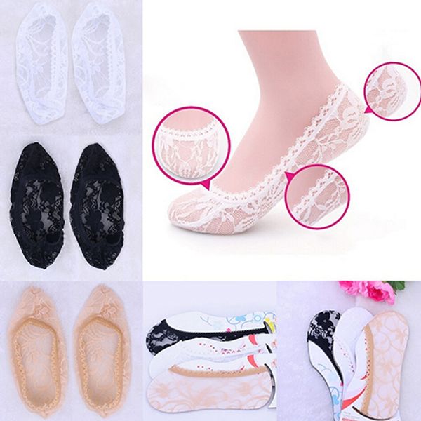 

wholesale-women fashion voile lace antiskid invisible liner flexible low cut boat socks, Black;white