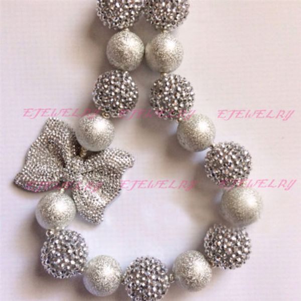 

rhinestone silver sparkle bubblegum necklace with bow birthday. baptism cb564