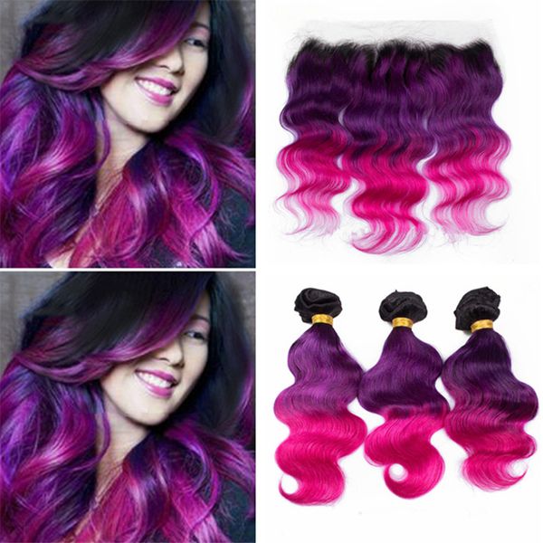 2020 Brazilian 1b Purple Pink Ombre Hair Bundles With Lace Frontal