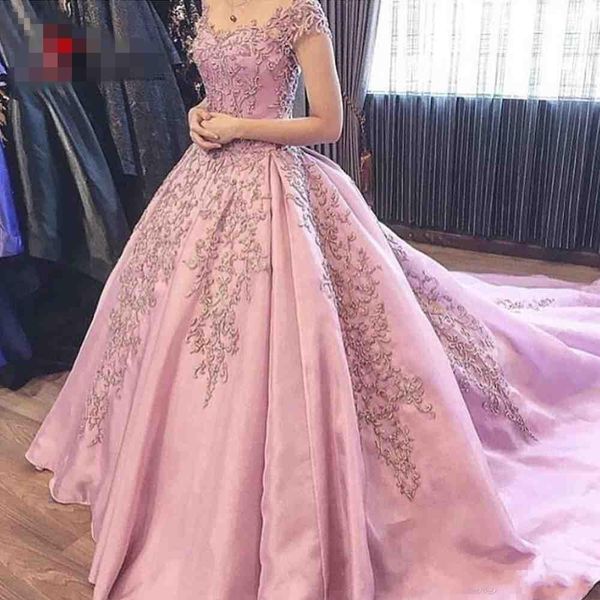 

2017 vestidos de fiesta ball gown formal prom party dresses short sleeve pink lace appliques satin long evening dress chapel train, Black