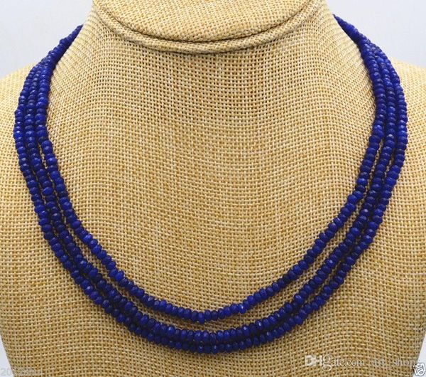 Nuove belle 3 file 2X4mm FACETED DARK Blue Sapphire BEADS NECKLACE