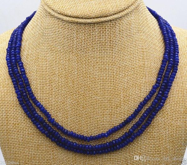 

new beautiful 3 rows 2x4mm faceted dark blue sapphire beads necklace, Silver