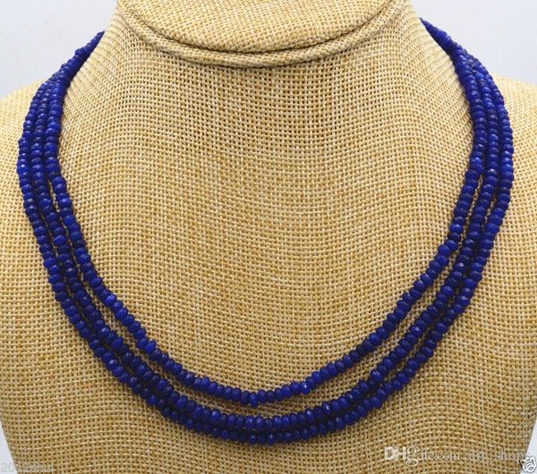 Nuove belle 3 file 2X4mm FACETED DARK Blue Sapphire BEADS NECKLACE