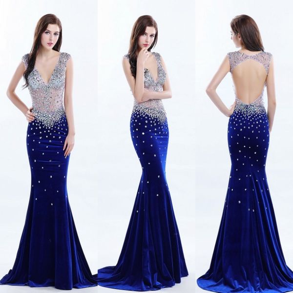 

deep v neck beaded see through prom dresses open back sleeveless velvet mermaid evening gowns sweep train formal party dress, Black