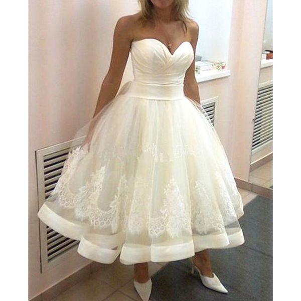 

us2-26w++ sweetheart short wedding dresses ball gown bridal appliques latest design tulle tea length bridal gowns modern, White