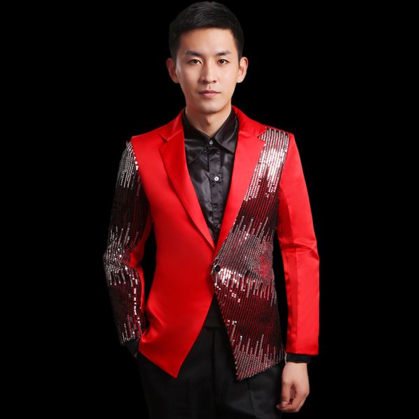 Vermelho masculino cantor jaqueta de lantejoulas blazer prom partido casaco dancer star dress noivo paillette traje desempenho show de boate bar casual estrela