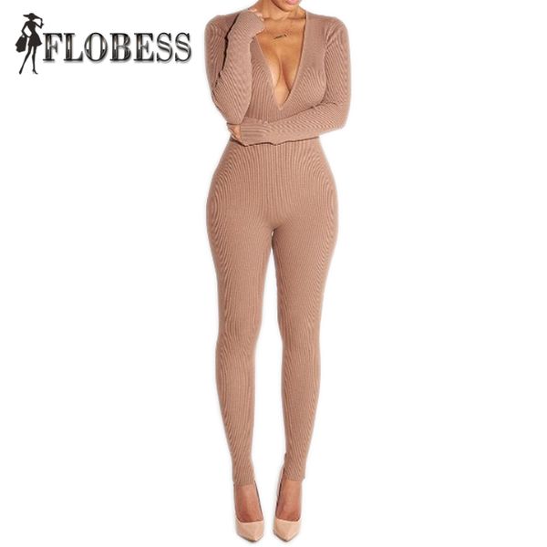 

wholesale- 2016 womens fashion bodycon jumpsuits rompers bodysuits deep v neck back zip femme stretch long pants long sleeve plus size, Black;white
