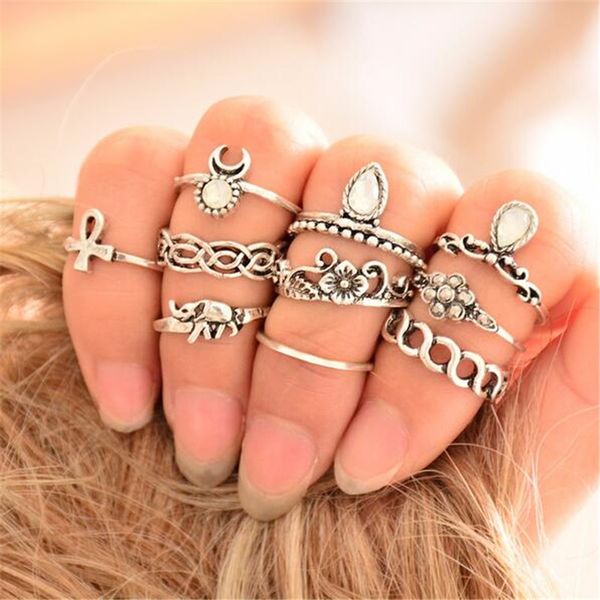 

wholesale- 10pcs/set anel midi finger ring set fashion punk gold silver knuckle rings for women female boho jewelry vintage bague femme, Golden;silver