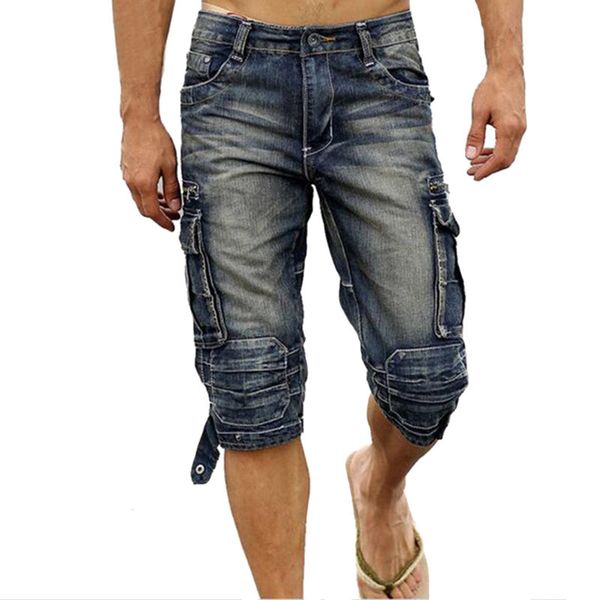 

wholesale-fashion mens biker denim cargo shorts multi pockets faded jean shorts for man calf-length motorcycle short joggers plus size 40, Blue