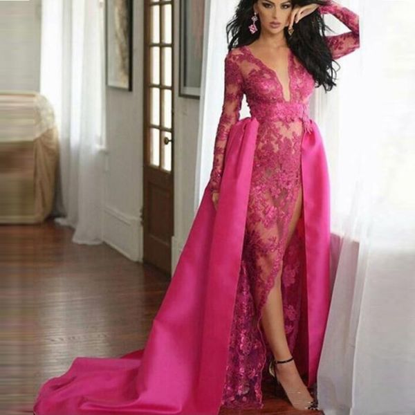 

middle east style fushia lace prom dresses see through long sleeve evening gowns with satin overskirts deep v neck high split dress, Black