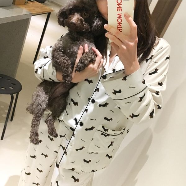 

pajama sets women dachshund cartoon print 3 pieces long sleeve + pants elastic waist + blinder loose home wear, Black;red