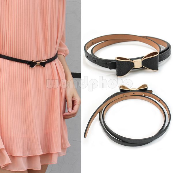 

wholesale- fashion women lady girl big bowknot pu leather thin skinny waistband belt black, Black;brown