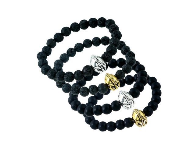 

2018 new fashion natural matte volcanic stone alloy sparta helmet beaded hand chain yoga bracelet, Black