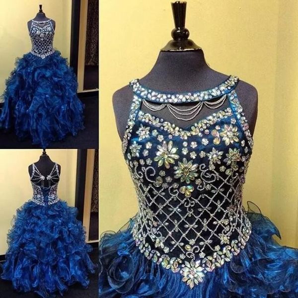 

royal blue crystals toddler girls pageant dresses 2020 ball gown puffy tiered organza skirts little girls kids formal wear pageant gowns, White;red