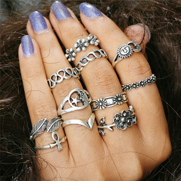 

vintage silver gold color carved flower sun moon star finger rings for women boho girls knuckle ring punk jewelry 11pcs /set hz