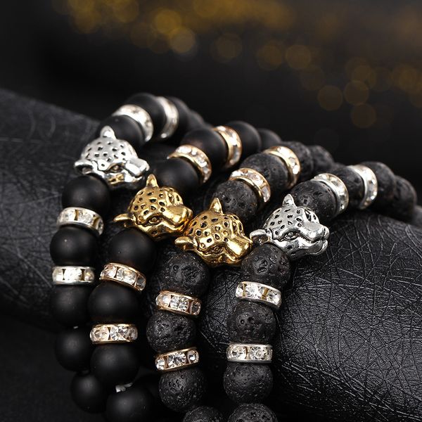 

handmade natural black lava rock stone strands beaded stretch bracelet leopard lion crystal bracelet factory price ing